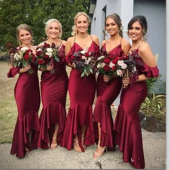 

2019 Cheap Dark Red Bridesmaid Dresses For Weddings Halter Neck Deep V Neck Open Back High Low Party Maid of Honor Gown