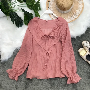 

V-collar Ruffle Solid-color Casual Shirt Women's 2019 Spring New Korean Elegant Blouse Tops G915