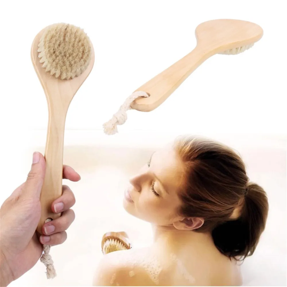 Bath Brush Wood Handle Natural Bristle Middle Long Handle Wooden Shower