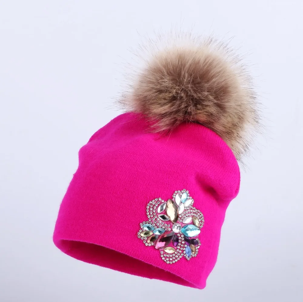 

0 to 2 year old baby knitted winter hat cap girl boy kids cotton fuchsia mink fur pompom children crown beanies casual skullies