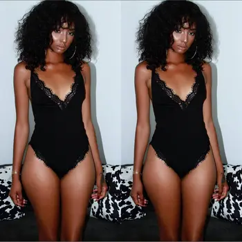 

Sexy Lace Clubwear V Neck Bodysuit For Women Playsuit Bodycon Women Sleeveless Bottom Jumpsuit Clothing