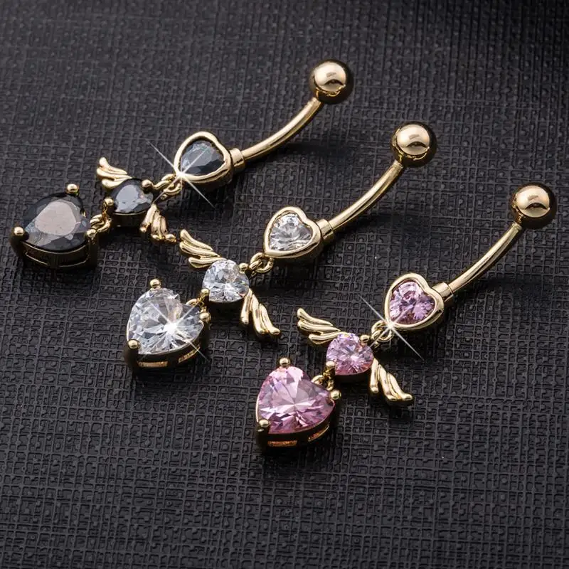Gem Heart Wing Chain Reverse Belly Button Bar Navel Ring Body Jewellery