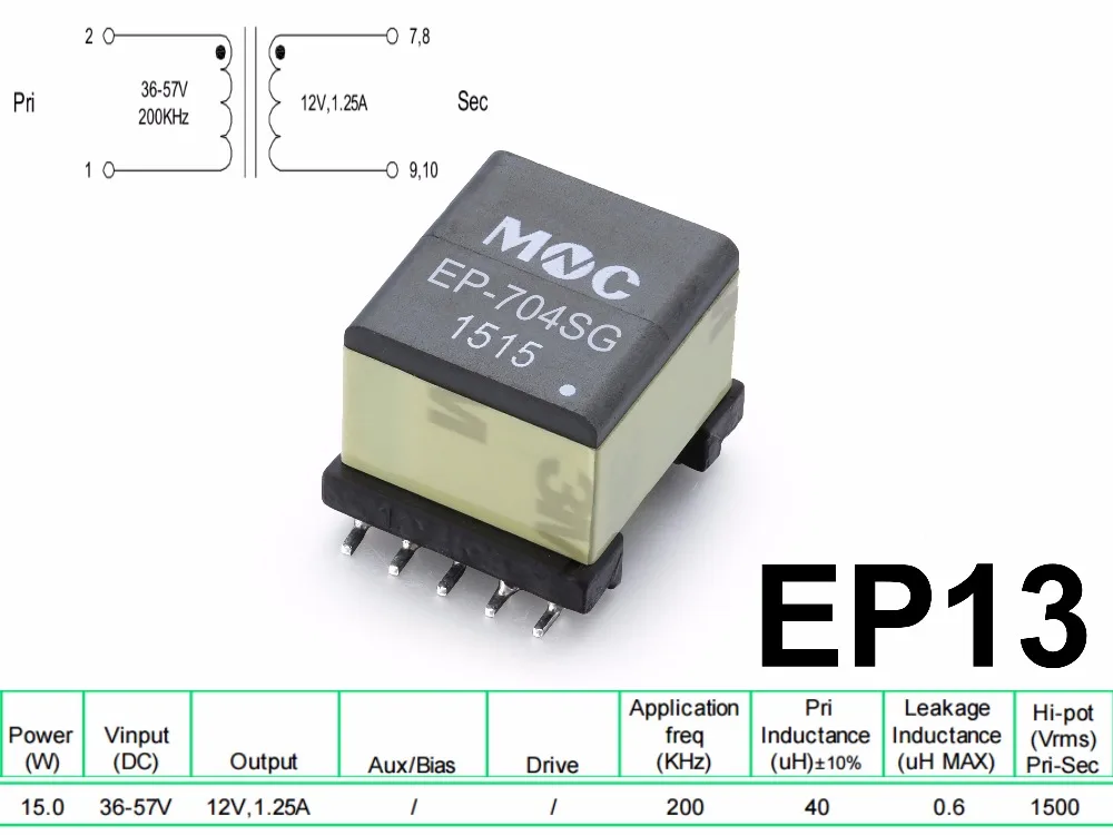 EP13 SMD 1to1 flyback power transformer 13W 36-57V to 5V 1.25A 200KHZ 40UH 2