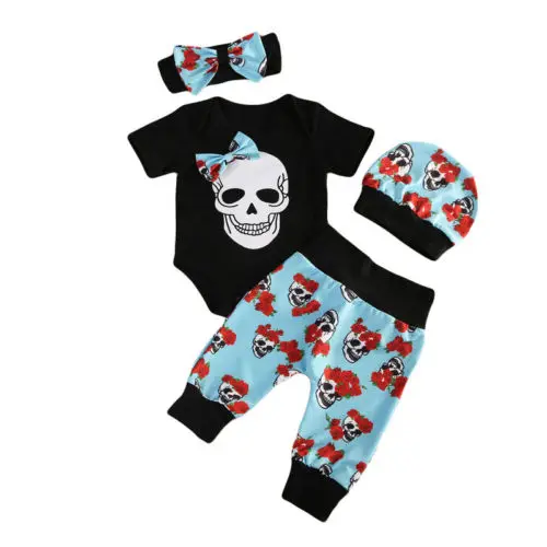

Halloween Newborn Infant Baby Boy Short Sleeve Skull Jumpsuit Romper +Floral Long Pants+Hat+Headband Outfit Set