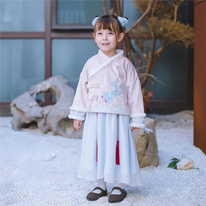 

Winter Baby Clothes Kids Dresses for Girls Embroibery Princess Costume Chinese Traditional Hanfu Dynasty Girl Party Dress 2PCS