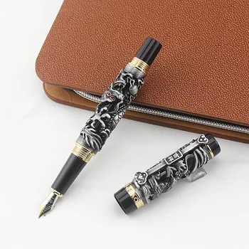 

Jinhao Dragon Phoenix Vintage Luxurious Fountain Pen, Metal Carving Embossing Heavy Pen, Noble Gray & Black for Office School