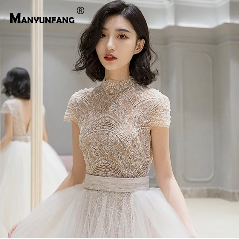 high neck short sleeve wedding dress