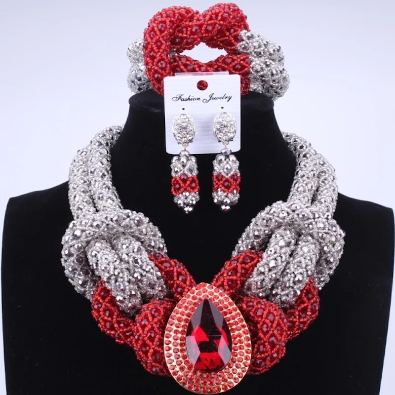 

Owl Silver And Red Graceful Nigerian Wedding Party Beads Flower Necklace Set White African Crystal Beads Jewelry Set Fashion Set
