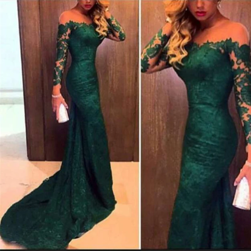 Sexy Lace Long Sleeve Green Mermaid Prom Dresses Court Train Boat Neck Women Formal Party | Свадьбы и торжества
