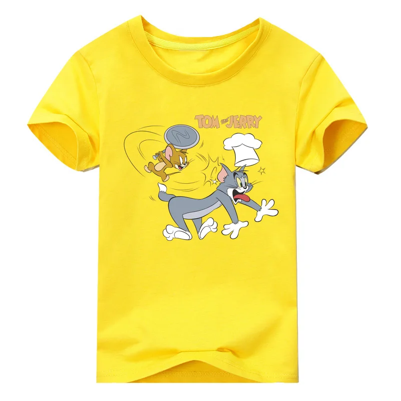 Коллекция года, Прямая поставка, футболки с принтом «Том и Джерри» для мальчиков и девочек, футболки с коротким рукавом для детей, топы, детская одежда, DX013 - Цвет: Type1 Yellow