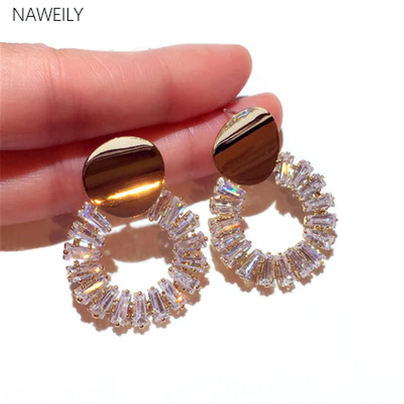 

NAWEILY Luxury Crystal Circle Earrings Super Shiny New Korean Silver Needle Earrings For Women Dangle Earring Ear Jewelry