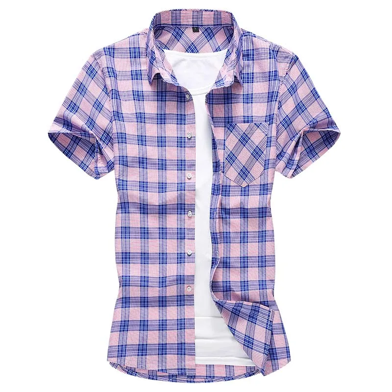 Клетчатая Мужская рубашка большого размера 5XL 6XL 7XL летняя новая Повседневная Свободная Мужская рубашка с коротким рукавом брендовая одежда - Цвет: Fuchsia