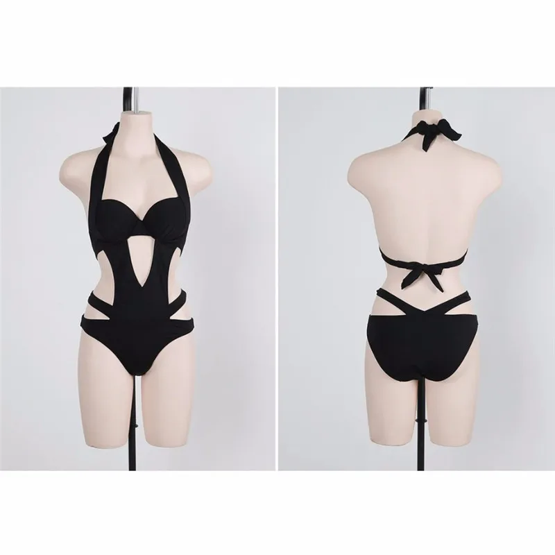 Sexy One Piece Swimsuit Black Halter Cut Out Bandage Trikini Swim Bathing Suit Monokini Push Up Brazilian Swimwear Women - Цвет: Черный