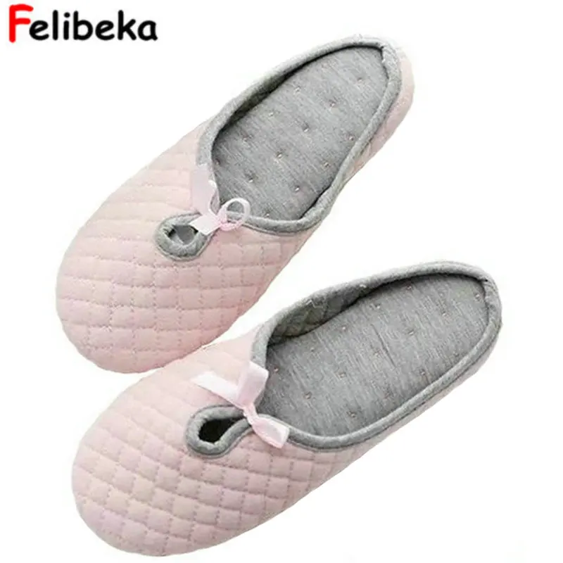 

New cute Bowtie Spring Women Home Slippers For Indoor Bedroom House Soft Bottom Cotton Warm Shoes Adult Guests Flats shoes