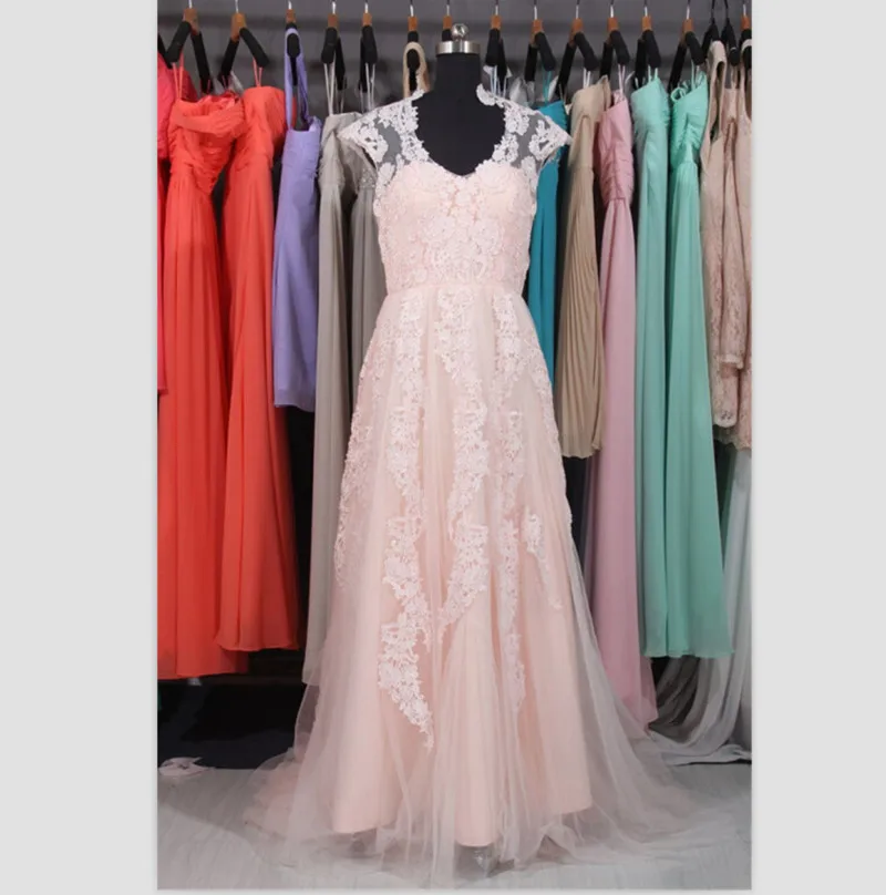 

Elegant Real Sample Simple Wedding Dresses 2015 V Neck Robe De Mariage Pink Lace Bridal Gowns Vestido De Noiva Vintage
