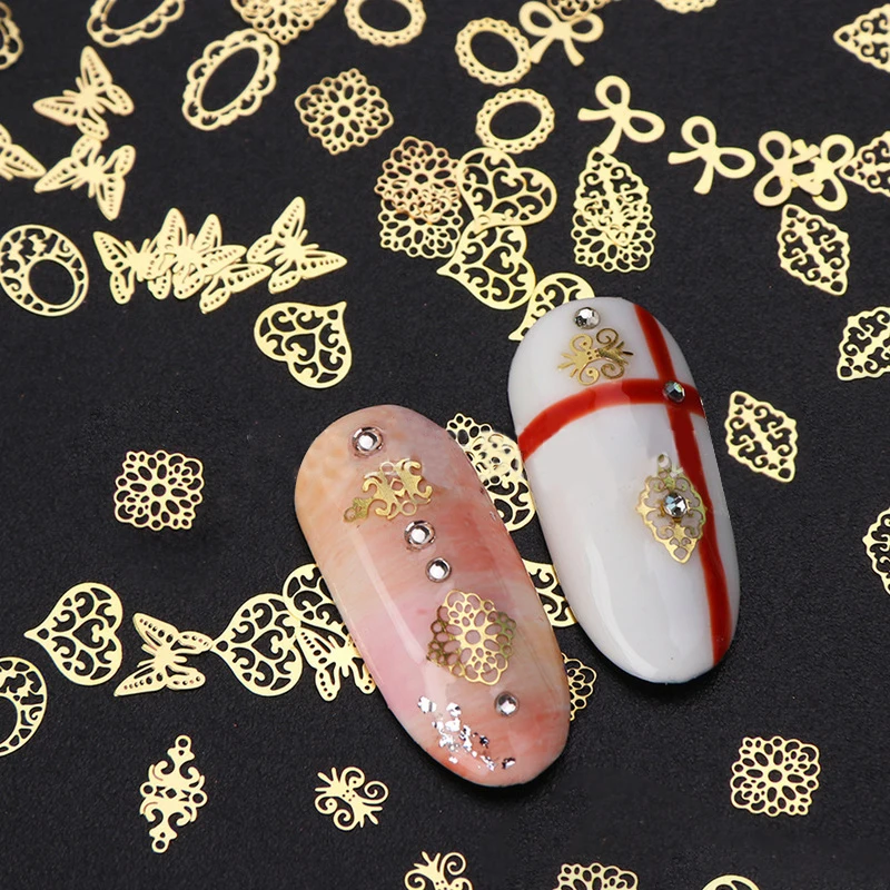Шпильки для ногтей, ультра тонкие полые цветы, луна, Бабочка, смешанный стиль, золотые металлические блестящие заклепки для ногтей, 3D украшение для ногтей