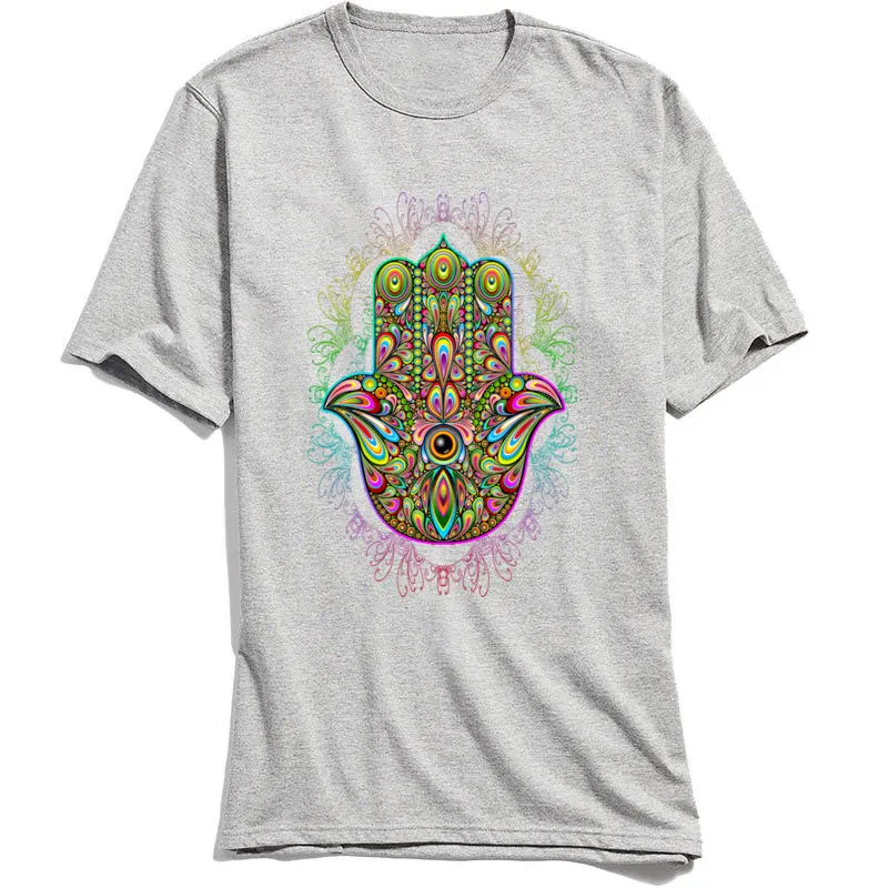 Hamsa Hand Amulet Psychedelic T Shirt for Male Classic Summer/Autumn Tees Short Sleeve Wholesale Tee-Shirt Crew Neck 100% Cotton Hamsa Hand Amulet Psychedelic grey