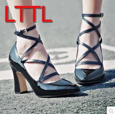 

2017 Women pointy toe pumps Leather High Heels lace up party shoes square heel Sexy dress pumps celebrity shoes