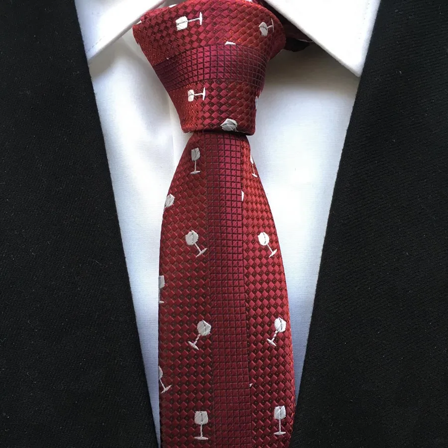 Новые дизайнерские Для мужчин модные узкие галстук уникальный Панель галстук бордовый Gravata с белой вышивкой вино очки высокое качество