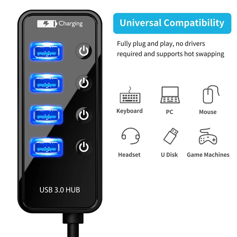 Usb-хаб 3,0 Супер скорость 5 Гбит/с 4 7 портов+ 1 зарядка портативный USB 3,0 концентратор разветвитель со Светодиодный индикатор для ПК Аксессуары для ноутбуков