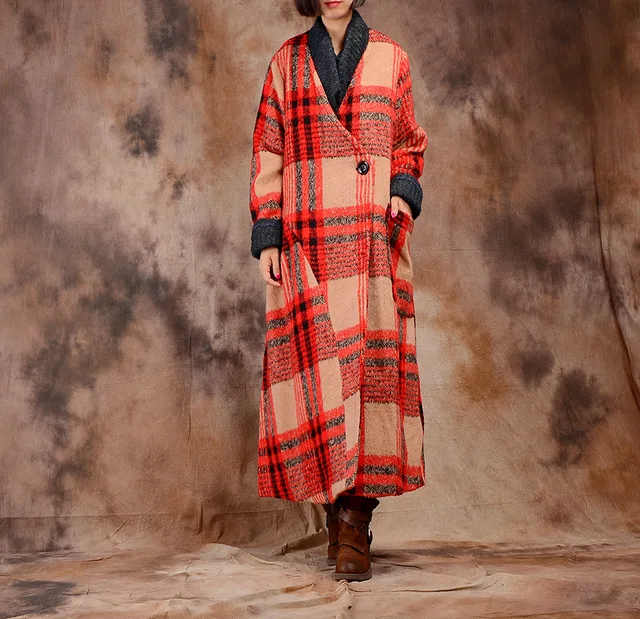 Women Casual Plaid Woolen Coat Ladies Plaid Retro Slim Elegant Overcoat