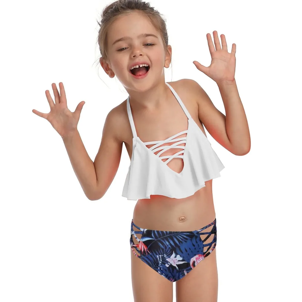 Women two Piece Retro Boho Flounce Falbala High Waist adjustable ties at neck and back Bikini Se 11