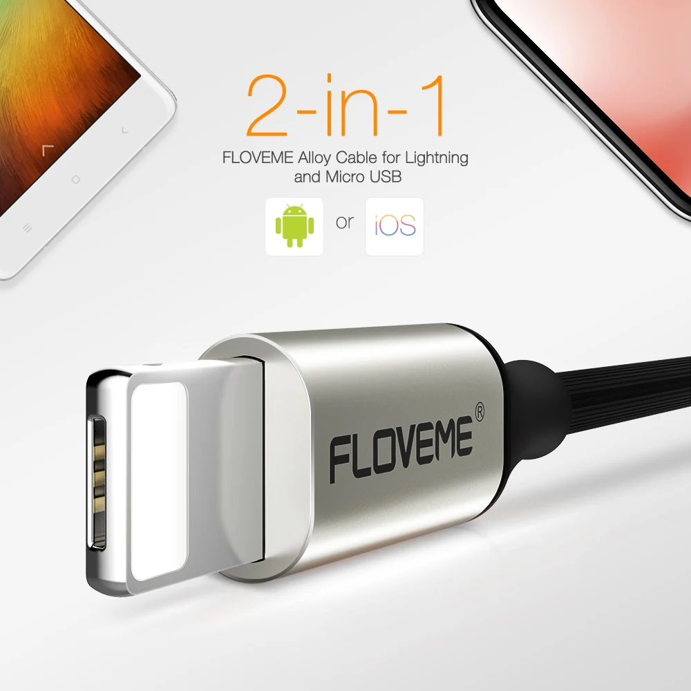 FLOVEME 2 в 1 боковой USB кабель для iPhone X 8 7 Plus 2.4A Быстрая зарядка и синхронизация данных адаптер для телефона Android Micro USB кабели