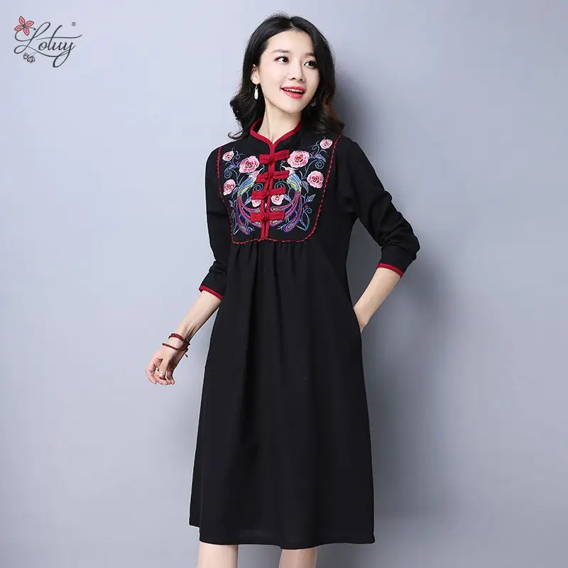 

9098# Vintage Folk Style Cotton Linen Embroidered Dress Fashion Long-sleeved Stand Collar Dress Spring Dress Vestidos 2017 New