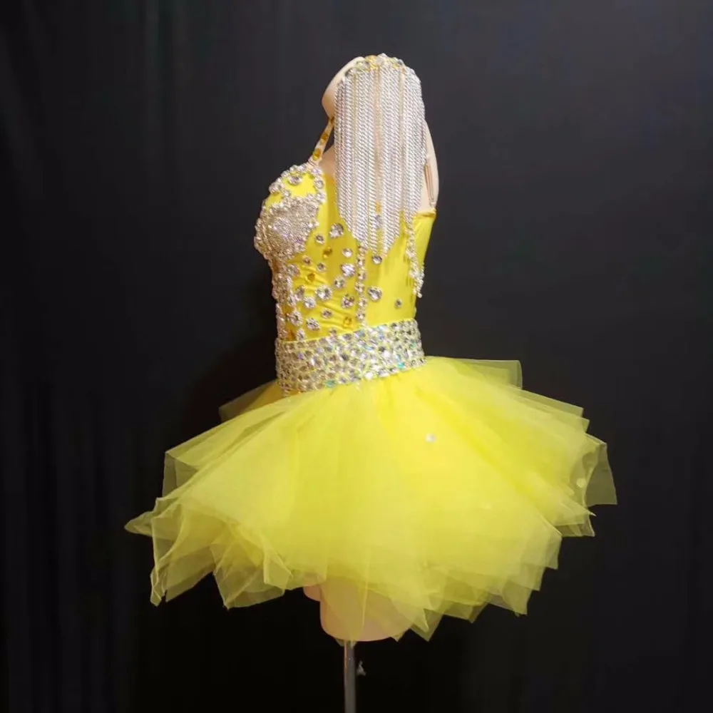 Женский сексуальный сценический неоновый искусственный камень желтого цвета наряд трико с юбкой сценическое шоу Наплечные подушечки