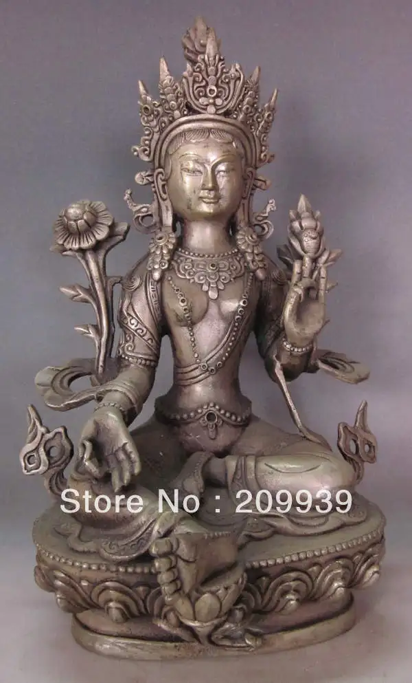 

00281 Old Tibet Tibetan Silver Green Tara Goddess Buddha Statue (A0314)