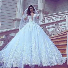 Кружевное бальное платье с длинными рукавами, свадебные платья, robe de mariage, аппликация, vestido de noiva, принцесса, арабские свадебные платья, платья невесты