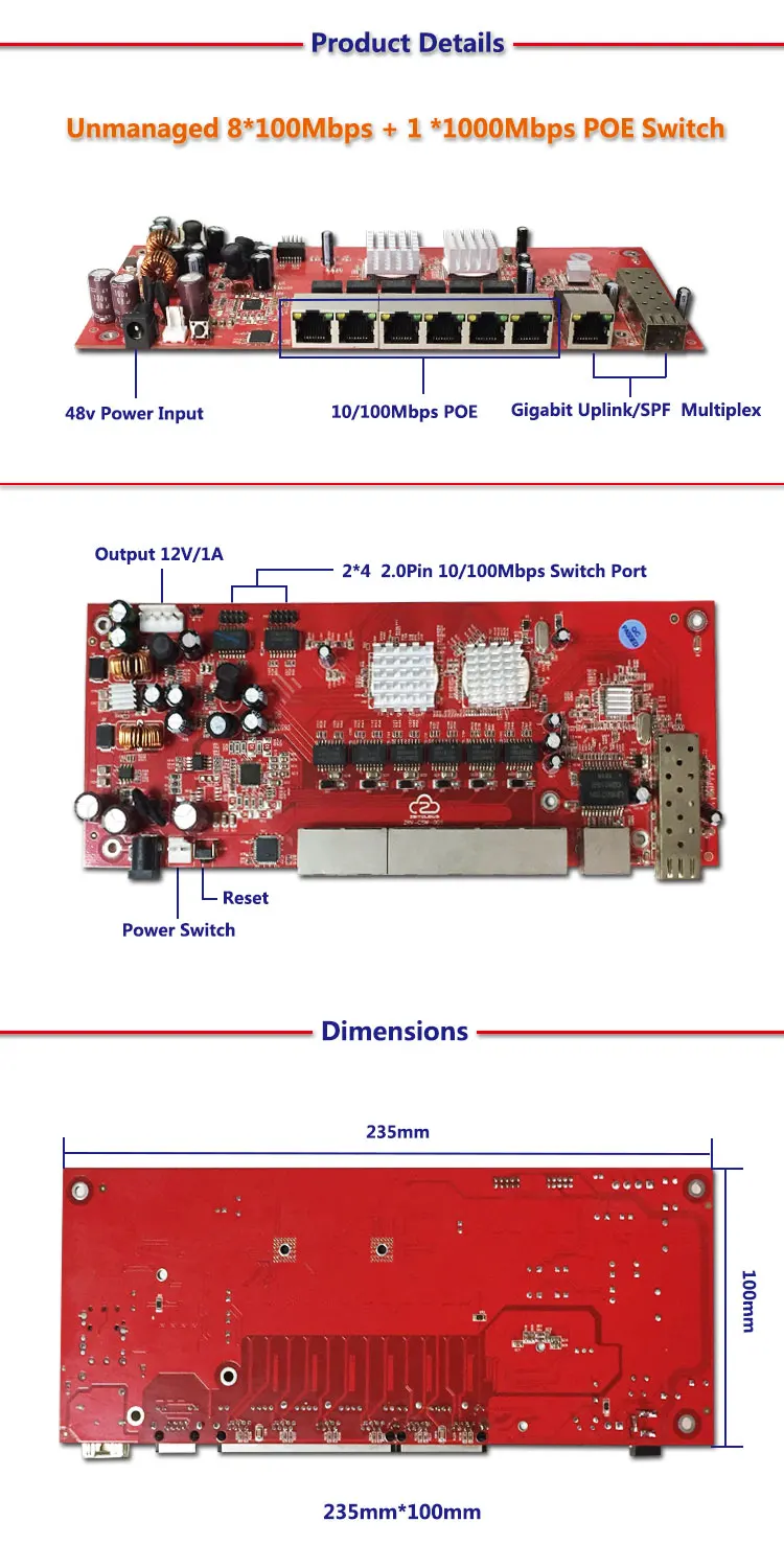 OEM/ODM 9 порты и разъёмы гигабитный sfp модуль коммутатора Поддержка AF/AT 10/100/1000 Мбит/с