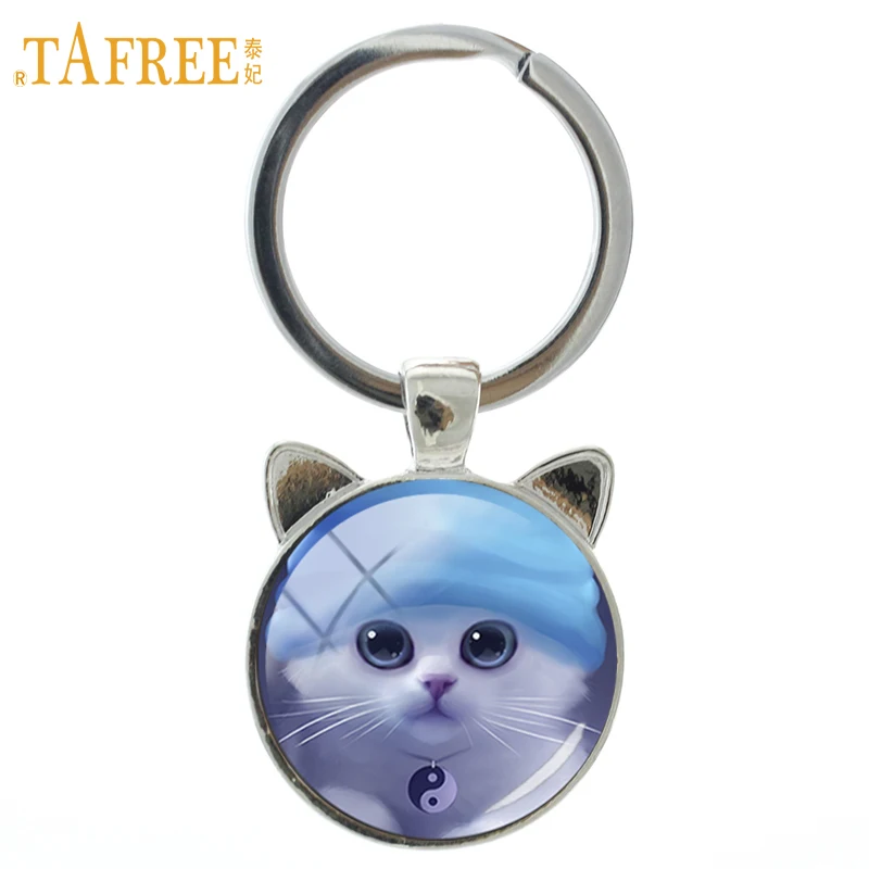 

TAFREE 2017 cuddly white cat keychain yin yang tai animal key chain ring for men women Christmas gifts lovely jewelry CN182