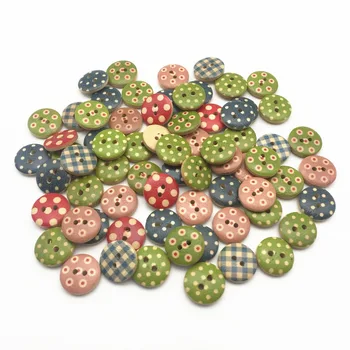 

100pcs 15mm Natural Mixed Dots Checks Wood Buttons Painted 2 Holes Round Sewing DIY Button Embellishments For Scrapbooking