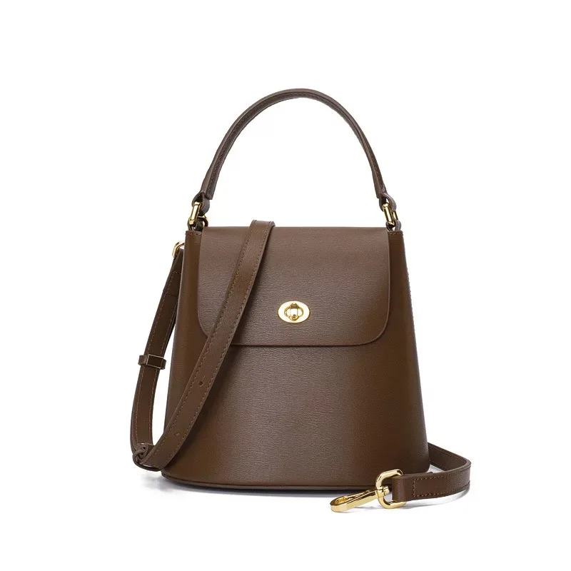 

Fashion Color-Mixed Designer Genuine Leather Dark Coffee Lady Mini Bucket Purse Women's Small Handbag Female Cross Shoulder Bag