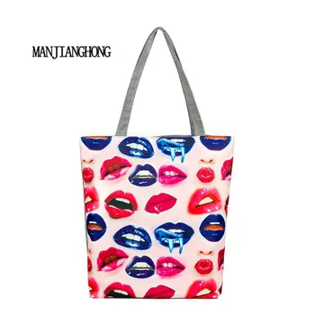 

MANJIANGHONG Red lips Printed Canvas sandy beach bags Female high capacity Shopping Bags Woman Casual handbag 9 colors Available