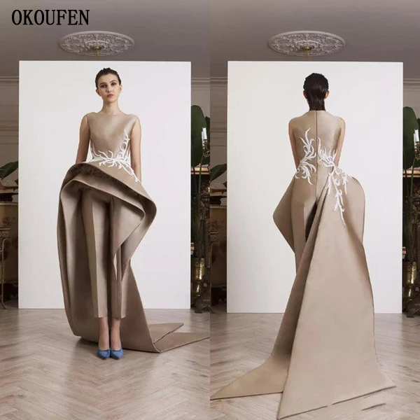 

Krikor Jabotian Formal Women Jumpsuits Dresses Evening Wear Ruffle Peplum Elegant Sleeveless Party Gown Long Train Champagne