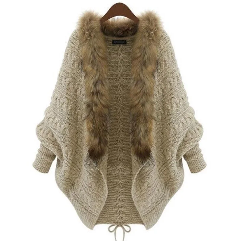

Knitwear Faux Fur Trim Batwing Sleeve Cape Cardigan