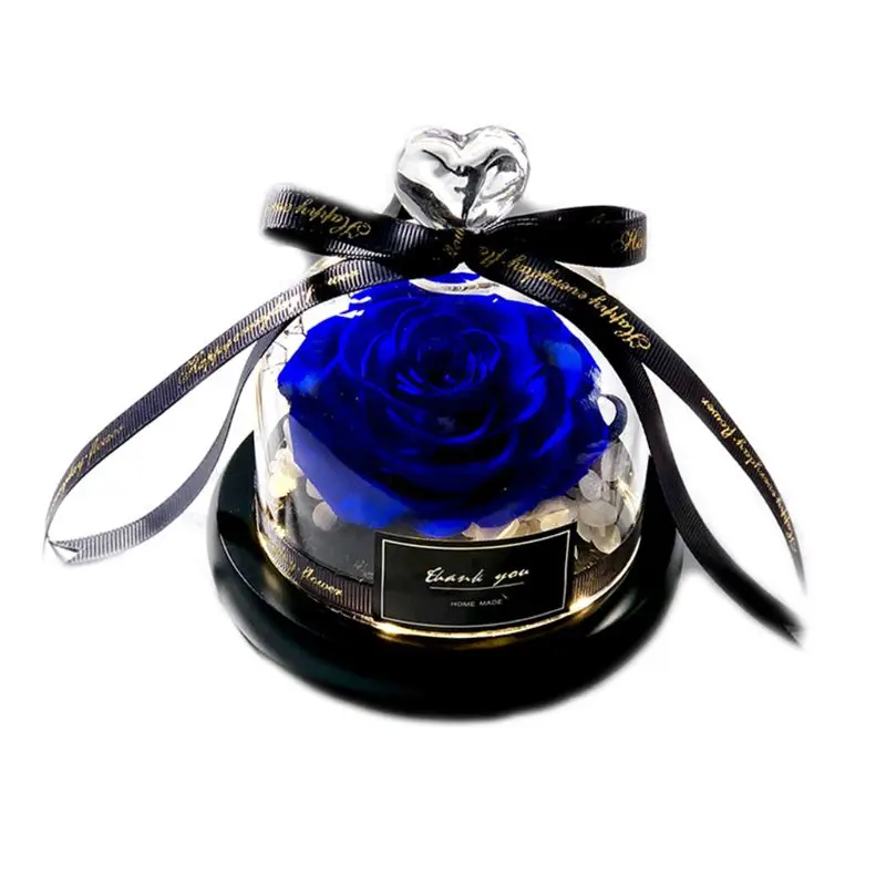 

9 Colors Creative Preserved Dried Rose Flower With Glass Dome Ribbon Bowknot Glowing Love Heart LED Lights Valentines Wedding