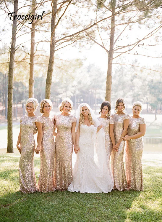 

Champagne Long vestido longo Sequined Short Sleeve Floor Length Bridesmaid Dress 2019 Prom Dress Wedding Party Dress