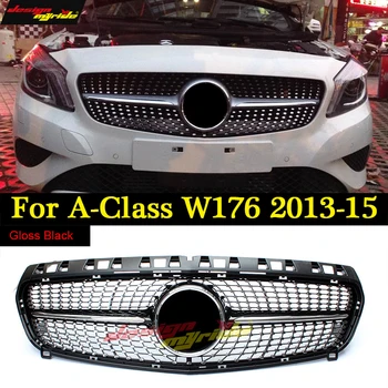 

W176 Diamond Grille For Mercedes Benz A-Class A180 A200 A250 Grilles Gloss Black Without Emblem Badge ABS Replacement 2013-2015