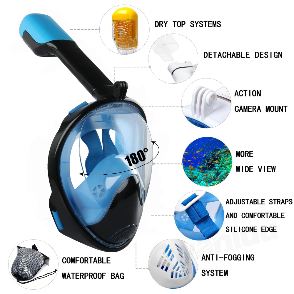 Full Face маска для подводного плавания панорамный вид анти-туман Анти-утечка плавание трубка акваланг подводный дайвинг маска GoPro Совместимость