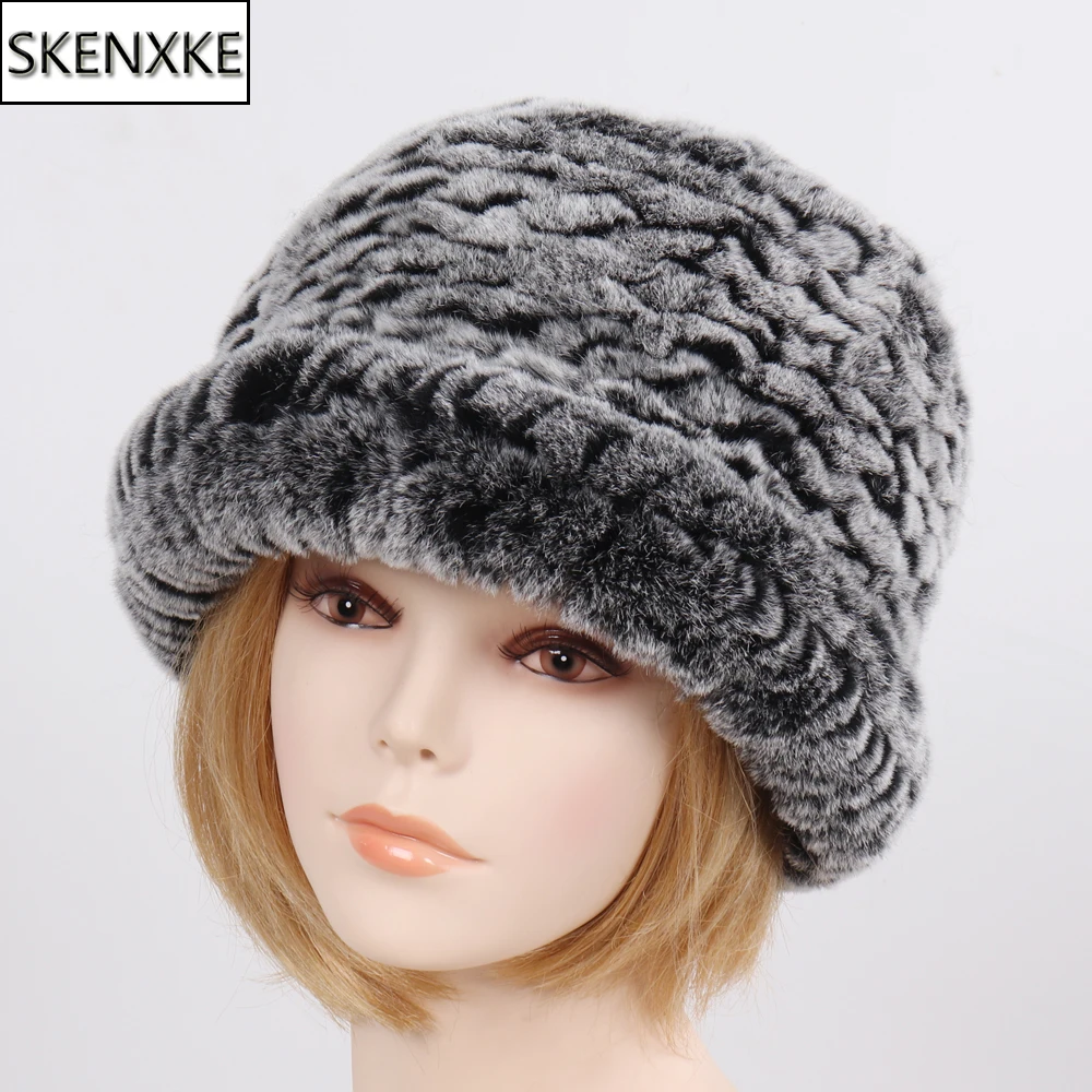 

Hot Sale Russian Women 100% Natural Rex Rabbit Fur Hat Winter Knitted Warm Rex Rabbit Fur Hats Ladies Fashion Knit Real Fur Cap