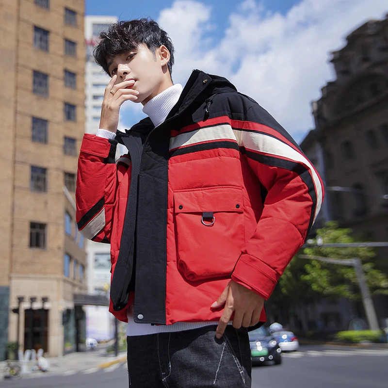 

Drop Shipping New Quality Winter Warm Thicken Zipper Color Spliced Coats Mens Hooded Parkas Style Male Short Overcoat Streetwear