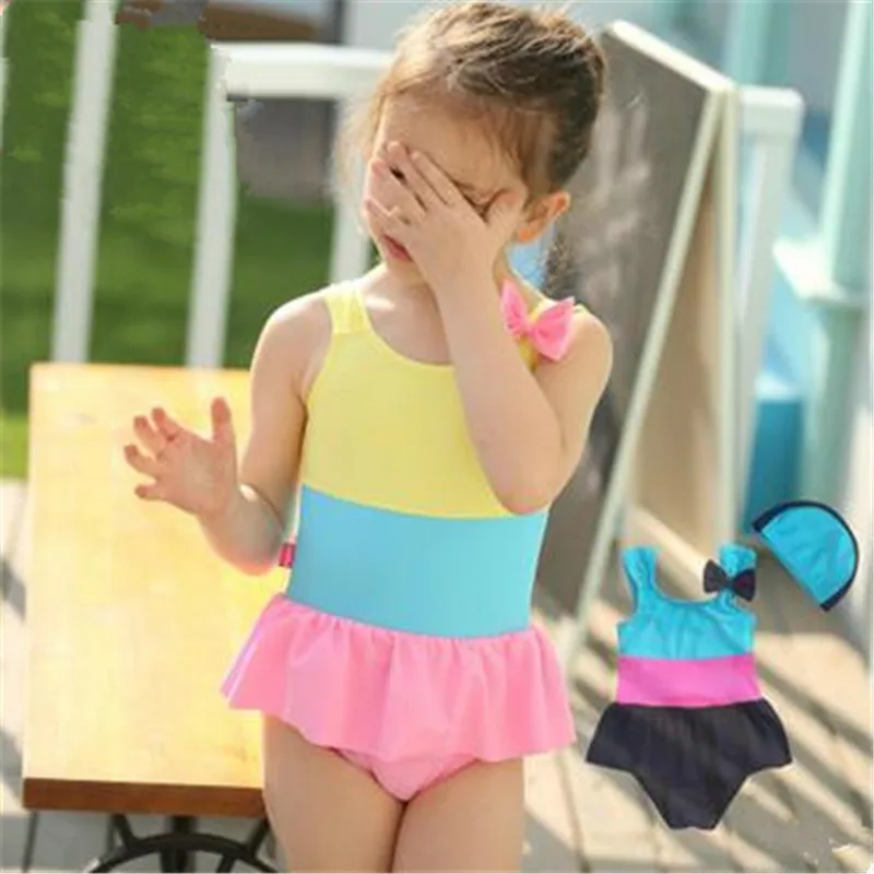 

Girls One Piece Swimwear 2016 Summer Kids Patchwork Swimsuit Dress Baby Girl Bow Bathing Suits Child Sports Bodysuit