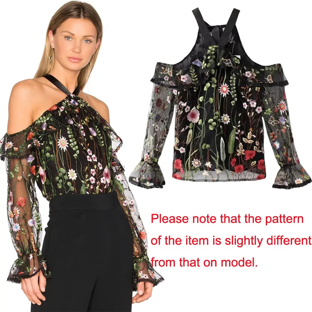 2019 Sexy Mujer Top bordado Floral hombro Tie Halter manga camisa transparente negro Ropa de Mujer 2019 Sexy Mujer Top bordado Floral hombro Tie Halter manga camisa transparente negro Ropa de Mujer