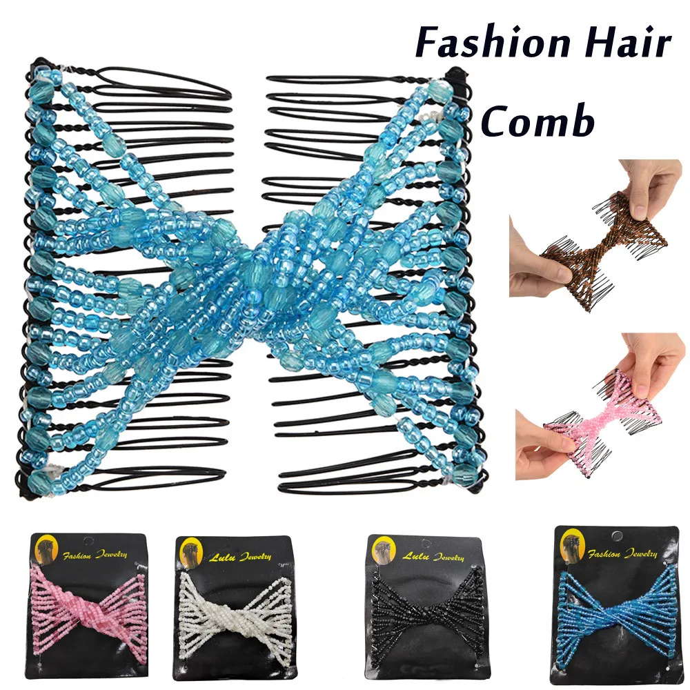 Women Magic Comb Bead Stretchy Hair Combs Double Slide Metal ...