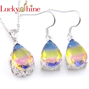 

Luckyshine Fashion Ewelry sets Water Drop Gradient Tourmaline Crystal Zirconia Pendants Drop Earrings Women jewellery sets
