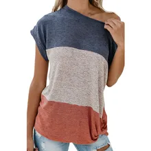 2019 Women's Summer Casual Tops Asymmetrical Color Block T Shirts Loose Short Sleeve Tee Tops asymmetrical lace spliced tee