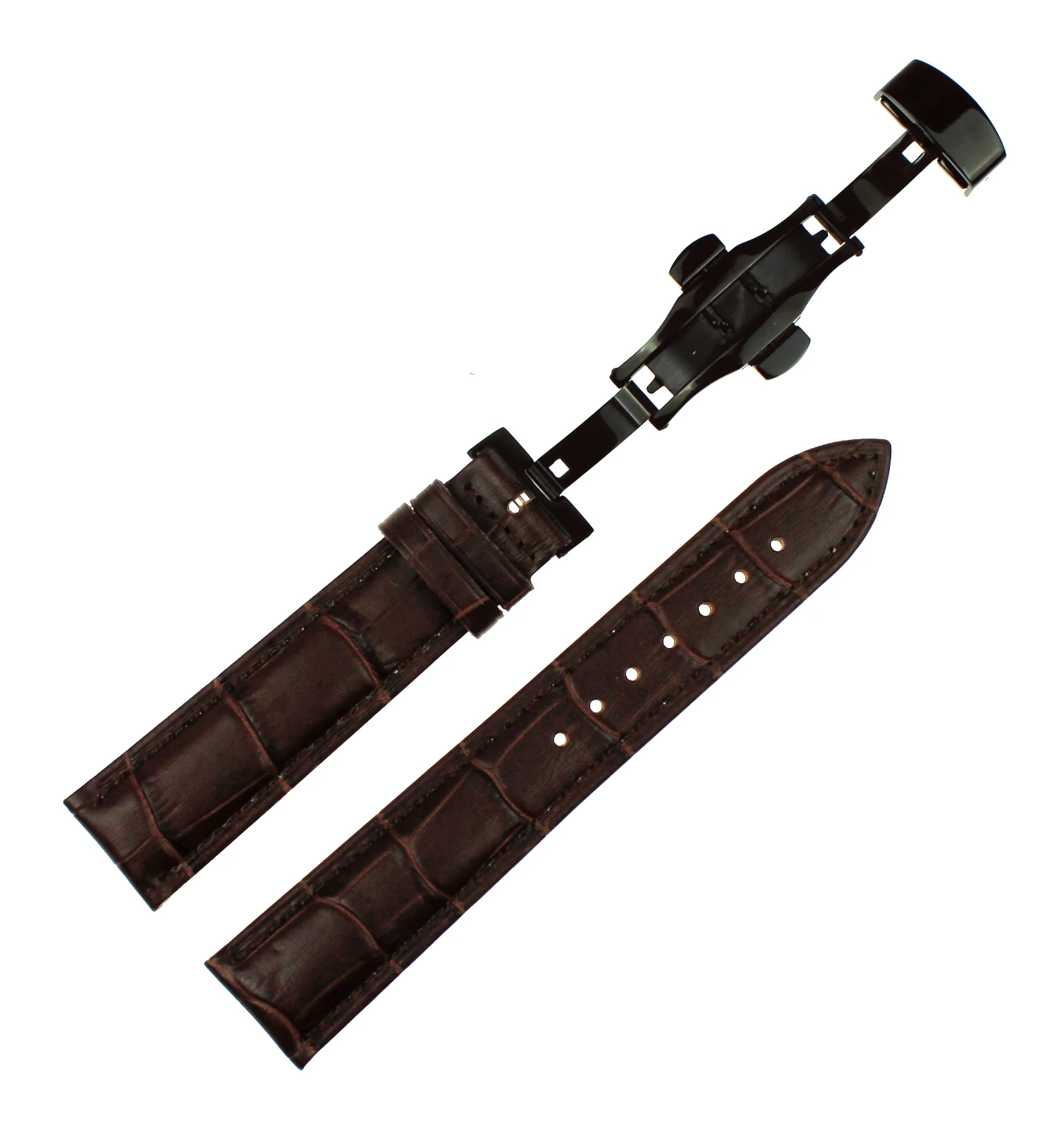 Black Push Button Deployment Clasp Croco Grain Brown Leather Watch Band